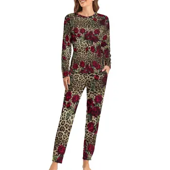 Пижамы с красными розами, Модные Пижамные комплекты с леопардовым принтом, Женский Свободный Домашний костюм с длинным рукавом, Большие Размеры 4XL 5XL 6XL