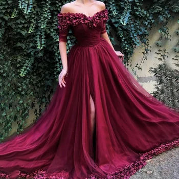Платье для выпускного вечера с цветами ручной работы с разрезом сбоку, вечернее платье с рюшами из тюля vestidos de boda