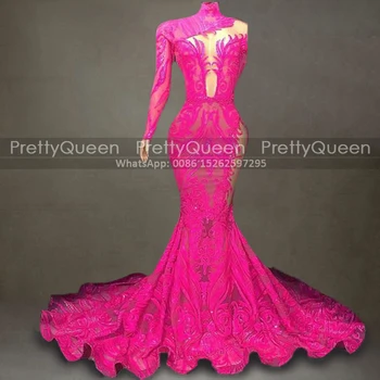 Платья для выпускного вечера в стиле русалки с длинными рукавами, ярко-розовые блестки, замочная скважина, шлейф, также женское платье-футляр Ebi, пышное платье