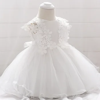 Платья для крещения маленьких девочек, Белое кружевное платье из тюля с цветочным узором, праздничное платье принцессы на День рождения, 1 год, свадебное платье для новорожденных