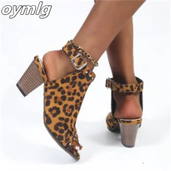 Плюс размер дамы леопардовый высокий каблук сандалии металлическая декоративная рыба рот открытым носком сандалии пряжки каблуки сандалии женщин
