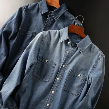 Повседневная мужская рабочая одежда Рубашка с длинным рукавом Джинсовая рубашка в стиле ретро Тонкое летнее пальто Выстиранное Потертое В стиле Хай Стрит