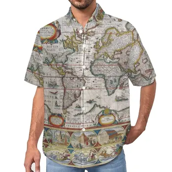 Повседневная рубашка с картой Земли, антикварная карта мира, пляжная свободная рубашка, модные блузки на Гавайях, короткие рукава, дизайнерская одежда Оверсайз