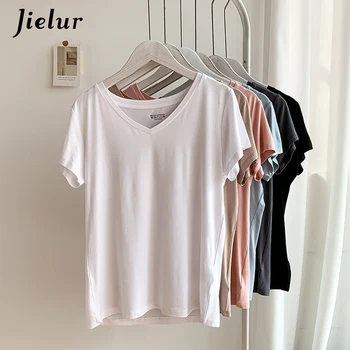 Повседневная футболка Jielur с V-образным вырезом, женские топы, базовые футболки с коротким рукавом, свободная женская удобная бело-розовая женская одежда одного размера