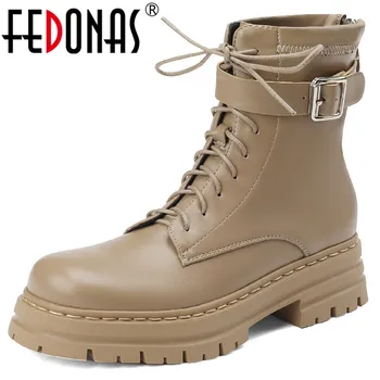 Популярные женские ботильоны FEDONAS в стиле панк, Металлическая пряжка, Натуральная кожа, Швейные платформы, Обувь на толстом каблуке, Женская обувь Осень-зима