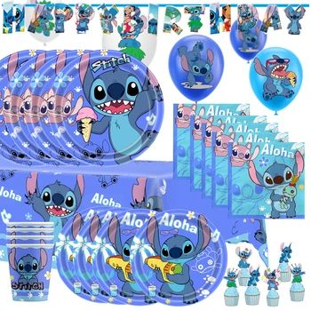 Принадлежности для празднования дня рождения Lilo и Stitch Включают баннер для дня рождения, воздушные шары из фольги, скатерти, тарелки, салфетки для декора детской вечеринки