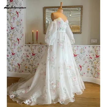 Принт принцессы в виде сердечка с цветочным принтом, съемный длинный пышный рукав, пояс, свадебное платье в складку трапециевидной формы, свадебное платье в стиле бохо, Vestido