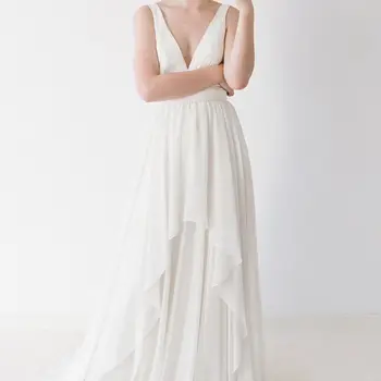 Простое свадебное платье трапециевидной формы с V-образным вырезом, плечевой ремень, спинка, Элегантное свадебное платье со съемным шлейфом-бантом, сшитое на заказ SWD681