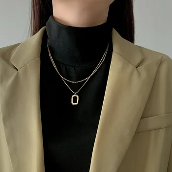 Простой дизайн, геометрическое полое двухслойное ожерелье с подвеской для женщин, цепочка для ключиц, модные украшения, цепочка для свитера, аксессуары