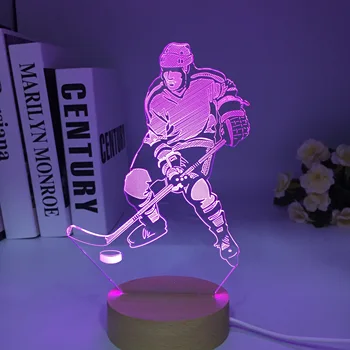 Прямая поставка Деревянный 3D Хоккейный светодиодный Ночник LED Sport Illusion Деревянная Настольная Лампа Настольный Ночник На День Рождения Рождество Подарок для детей