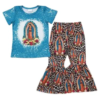 Рождественская детская одежда для маленьких девочек Оптом, Синий комплект с короткими рукавами для малышей, Детские леопардовые расклешенные брюки