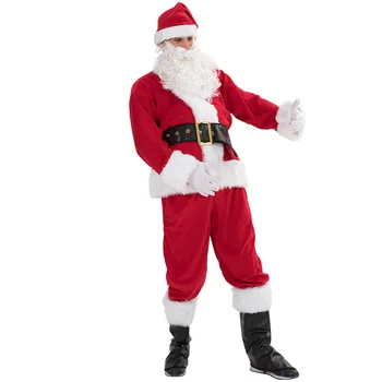 Рождественский костюм, костюм Санта-Клауса с ботинками, Мужские комплекты одежды, Шляпа + Борода + Верхняя рубашка + Свободные брюки + Чехол для ног + Перчатки + Поясной ремень
