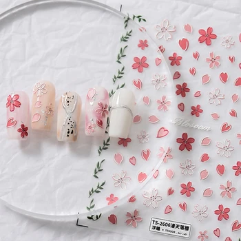 Розово-белый Вишневый цвет, 5D Мягкие рельефные рельефы, Самоклеящиеся наклейки для дизайна ногтей, милые наклейки для маникюра Оптом