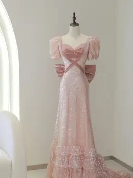 Розовое женское платье для выпускного вечера с блестками, пышные платья с бантом и V-образным вырезом, Элегантные вечерние платья длиной до пола со шлейфом, Женские