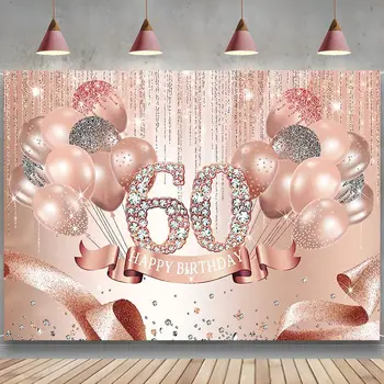 Розовое Золото С 60-Летием Фон Украшения Розовые Блестящие Воздушные Шары Фон Сияющий Бриллиант Шестидесятилетний Баннер Для Вечеринки