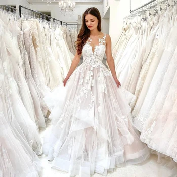 Розовое свадебное платье Blushing Beauty с оборками и круглым вырезом, свадебное платье vestido branco casamento civil