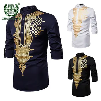 Роскошные Африканские рубашки с золотым принтом Базен Дашики Рубашка с длинным рукавом Мусульманская рубашка Повседневная тонкая Традиционная сорочка для свадебной вечеринки