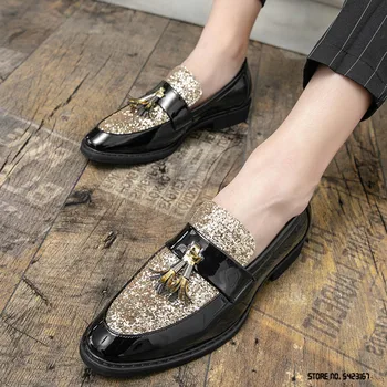 Роскошные дизайнерские туфли-оксфорды с заостренной кисточкой и пайетками в стиле пэчворк для мужчин, Вечернее свадебное платье для возвращения Домой Sapatos Tenis Masculino