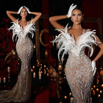 Роскошные свадебные платья с перьями и жемчугом, иллюзионное свадебное платье без рукавов с V-образным вырезом, кружевное платье на заказ Vestido de novia