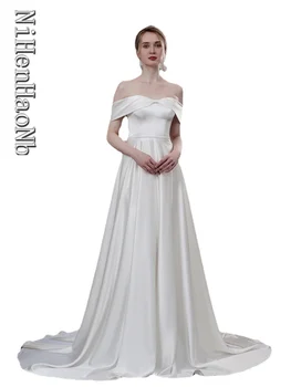 Роскошные Свадебные платья Макси с вырезом лодочкой и шлейфом из белого атласа, Элегантное Длинное Женское платье для Новобрачных