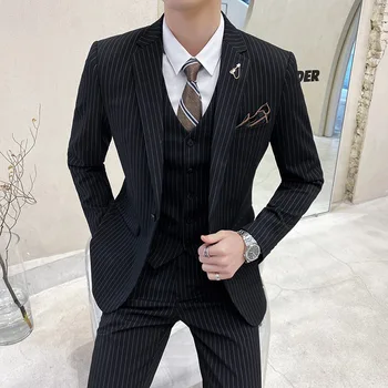 Свадебные костюмы для мужчин, мужской смокинг, модный Повседневный полосатый Мужской костюм-тройка, Корейский приталенный Деловой деловой костюм для мужчин