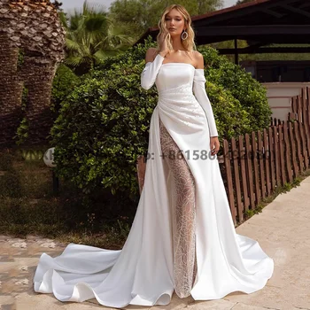 Свадебные платья без бретелек с высоким разрезом 2022 года, длинные рукава, жемчуг, шлейф на спине, Блестящий бисер, современный стиль для женщин, пятно