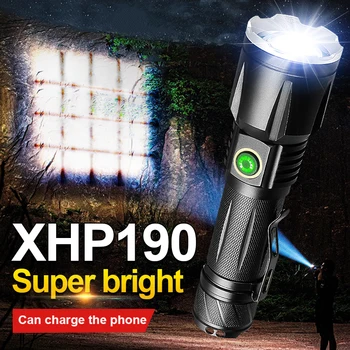 Сверхмощный светодиодный фонарик XHP190, мощный фонарик, USB-перезаряжаемый тактический фонарик с зумом, портативный наружный ручной фонарь