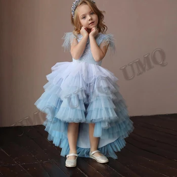 Светло-голубое многоуровневое платье с цветочным узором для девочек, аппликации из перьев для малышей, День рождения, Свадебные платья, показ мод на заказ