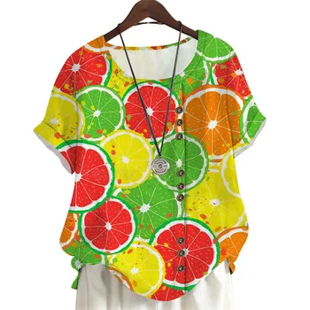 Свободные женские футболки CLOOCL, блузки с лимонно-оранжевым принтом, круглый вырез, Топы с коротким рукавом, Летние футболки, Рубашки, Уличная одежда Гавайев