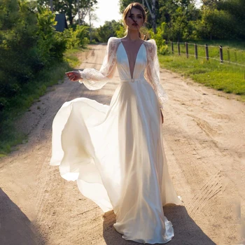 Сексуальное свадебное платье трапециевидной формы с длинным рукавом и V-образным вырезом, кружевное, с открытой спиной, свадебное платье Vestido De Noiva