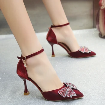 Сексуальные женские туфли-лодочки на шпильке с ремешком на щиколотке, свадебные туфли с бантом из страз для женщин, Шелковые атласные туфли на высоком каблуке