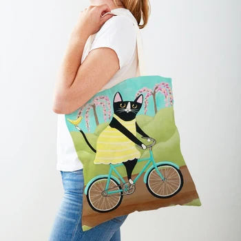 Симпатичный велосипедный кот Женская сумка для покупок, женские сумки для покупок, двусторонняя складная многоразовая холщовая сумка на плечо с животными, сумка-тоут