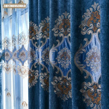 Синий синель Вышивка Вуаль Шторы для гостиной, столовой, спальни Европейский оконный экран Настройка готового продукта