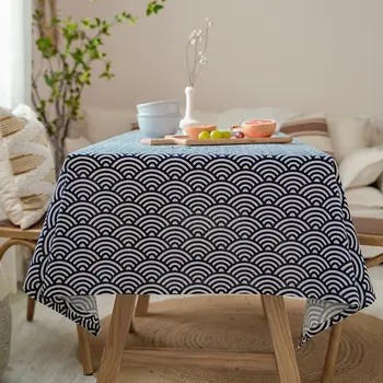 Современная элегантная скатерть в японском стиле, которую можно стирать, Прямоугольная, с синей морской рябью, Домашний кофейный обеденный стол, Камин, крышка для микроволновой печи