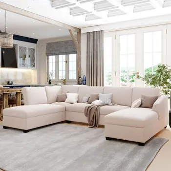 Современный большой U-образный секционный диван, двухместный очень широкий шезлонг, подходит для гостиных, квартир, бежевый