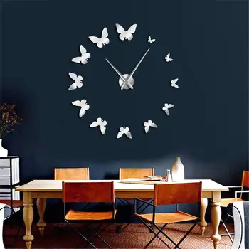 Современный дизайн Зеркальные бескаркасные настенные часы Декор стен Роскошные Летающие бабочки своими руками Гигантские Большие 3D наклейки на настенные часы