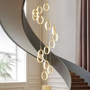 Современный длинный подвесной светильник для лестницы, холла, гостиной, лофта, обеденного стола, двухуровневой виллы, большой люстры, золотой вращающийся подвесной светильник