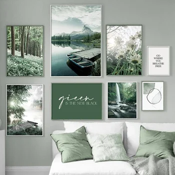 Современный зеленый пейзаж, картина на холсте, маргаритка, лес, плакат с парусником, настенная роспись в скандинавском стиле, декор для гостиной, Бескаркасная картина
