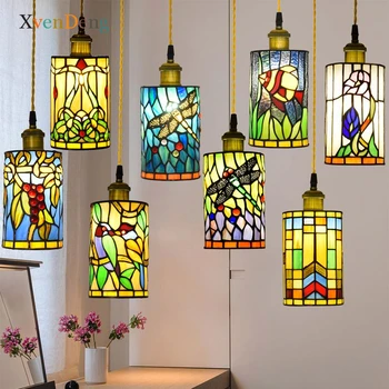 Средиземноморские витражные подвесные светильники Винтажная светодиодная подвесная лампа Tiffany Декор кухни гостиной Барный подвесной светильник