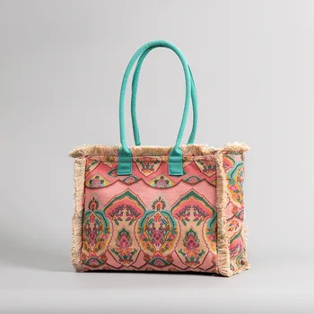 Сумка-тоут с кисточками, женская модная большая сумка через плечо в Богемном этническом стиле, цветочная сумочка, холщовый кошелек с кисточками