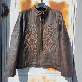Супер Винтажная мотоциклетная куртка, Мужское кожаное пальто из натуральной 100% воловьей кожи с 3D принтом Черепа, мужская одежда для мотобайкеров Азиатского размера M299
