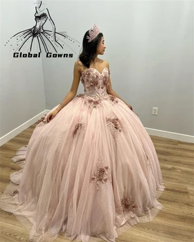 Телесно-розовое бальное платье в виде сердца, пышное платье для девочек, расшитое бисером, 3D цветы, платья для дня рождения, платья для выпускного вечера, жилет на шнуровке сзади