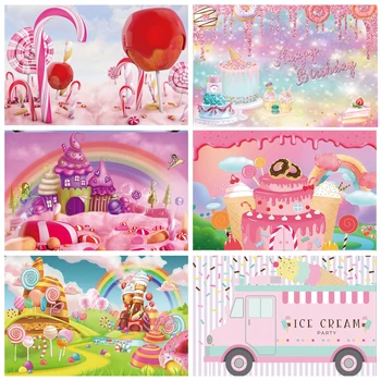 Тематическое Фоновое Украшение Кондитерской Ice Cream Hut Cupcake Lollipop Sweet Baby Birthday Party Photography Background Studio