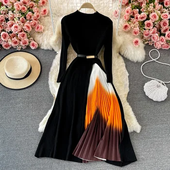 Темперамент Знаменитости Черное Плиссированное платье из двух нитей с длинным рукавом Осень Зима Элегантное Длинное платье с большими размахами
