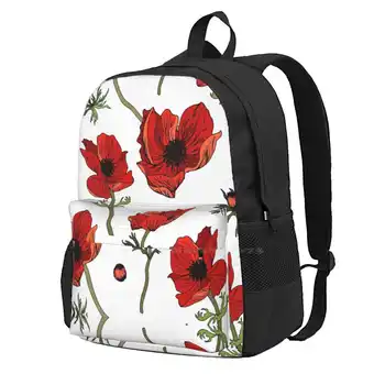 Узор с красными маками, Листьями На белом фоне, Школьная сумка для хранения, Студенческий рюкзак, Фон, Красивая Красота, Большой