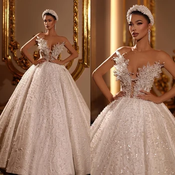 Уникальные свадебные платья с жемчугом, кружевные свадебные платья с V-образным вырезом, сшитые на заказ, расшитые бисером и блестками Vestido de novia
