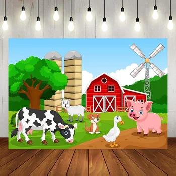 Фермерское животное в деревенском стиле, большая зеленая трава, красный фон для фотосъемки на ферме, фон для вечеринки по случаю Дня рождения, украшение баннера
