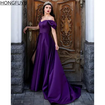 Фиолетовое атласное вечернее платье для выпускного вечера HONGFUYU, сшитое на заказ, С открытыми плечами, без рукавов, Трапециевидные вечерние платья на шнуровке, корсет для подружек невесты