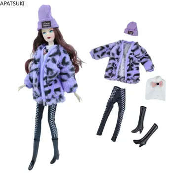 Фиолетовый леопардовый комплект модной кукольной одежды для куклы Барби, наряды для кукол 1/6, аксессуары для кукол для Барби, пальто, укороченные брюки, шляпа, ботинки