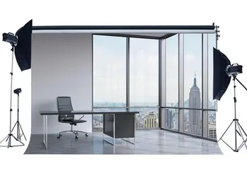 Фон для офисной комнаты Мягкое кресло Деревянный стол Французское окно Фон для фотосъемки небоскреба в Нью-Йорке
